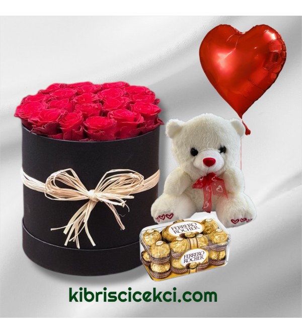 Kutuda 19 Kırmızı Gül Ayıcık 16'lı Ferrero Çikolata Kalp Helyum Balon